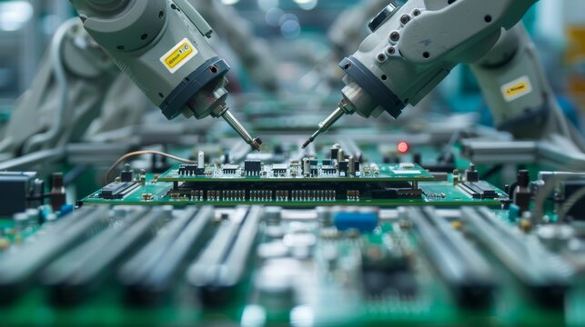 Precision and automation at the forefront as robotic arms solder tiny components onto motherboards, a snapshot of modern industrial efficiency in electronics manufacturing