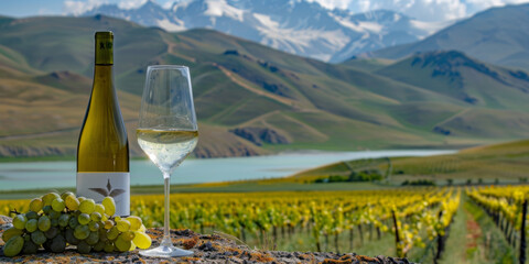 A glass of wine sits on a table with a bunch of grapes next to it. In the background, mountains can...