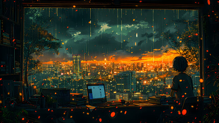 Nighttime reflections: lofi manga wallpaper of a sad yet beautiful scene with cityscape - person in...