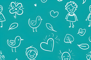 A blue background with a lot of drawings of children and birds