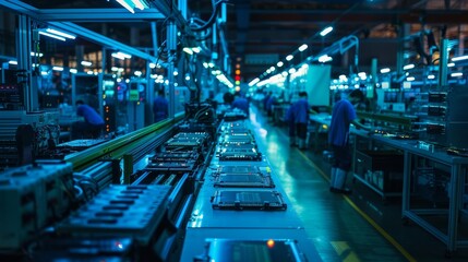 Naklejka premium Night shift at an electronics assembly line, soft blue and green lighting illuminates workers and machines creating an array of devices