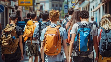 Back view of a group of seven people with backpacks are walking down a city street.

