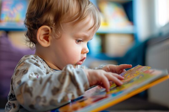 A baby is sitting on the floor, interacting with a colorful book
