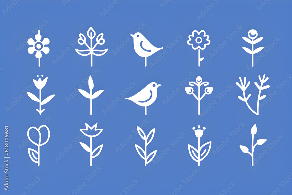 Poster a set of flower and bird icons are displayed on a blue background. the blue background adds a sense 