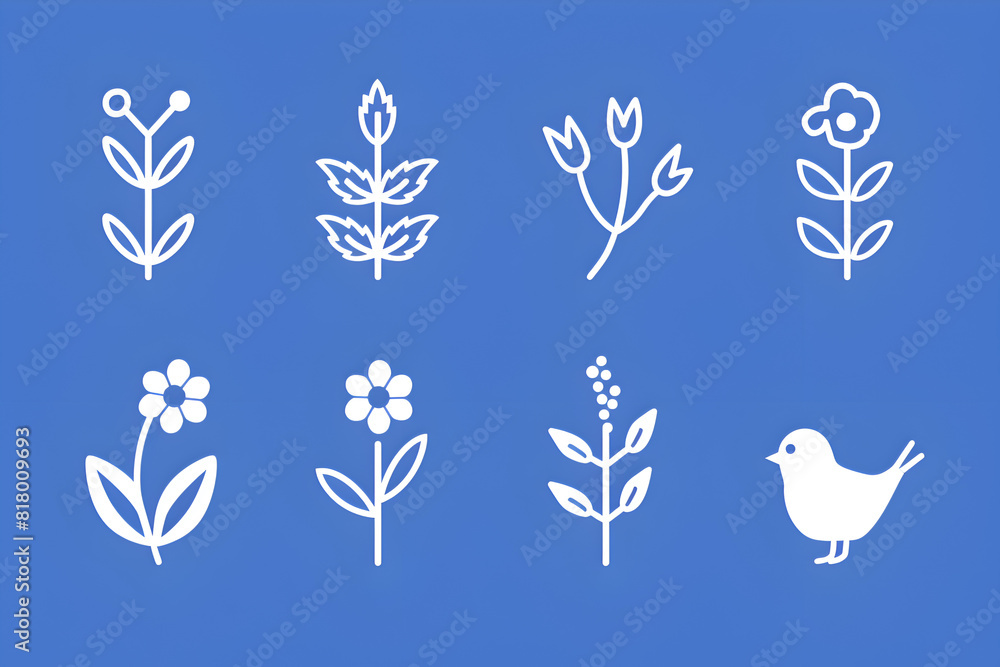 Poster a set of flower and bird icons are displayed on a blue background. the blue background adds a sense 