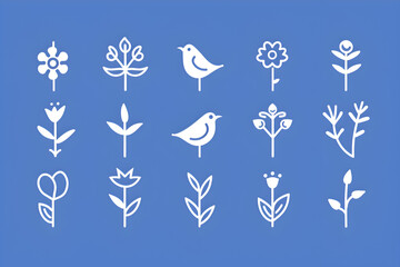 A set of flower and bird icons are displayed on a blue background. The blue background adds a sense of calmness and serenity to the image