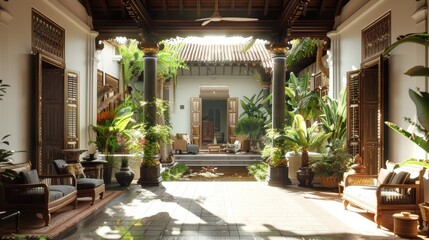 Fototapeta premium A traditional South Indian home living room with central courtyard and armchair. Generative AI.