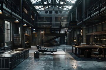 dark industrial space with black metal furniture, skylight windows and high ceilings, photorealistic, cinematic - Powered by Adobe
