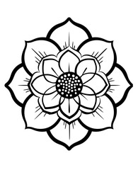 A black and white drawing of a flower with a white center. The flower is surrounded by a pattern of lines and dots. The drawing has a serene and calming mood, as the flower