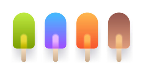 Glass morphism ice cream icon set on isolated background. Summer vector symbol