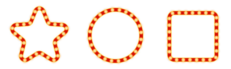 Realistic retro square, circle and star shape neon marquee billboard for decoration. Isolated over transparent