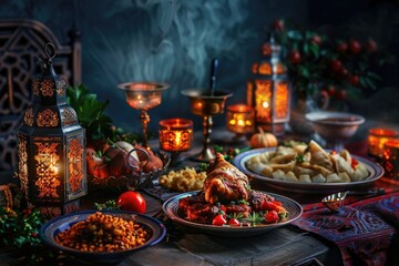 Naklejka premium Eid alFitr, the festival of breaking the fast, composition with traditional dishes and lanterns on table, realistic photo shoot