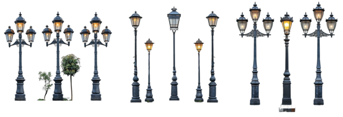 Realistic retro street lanterns set isolated on transparent background