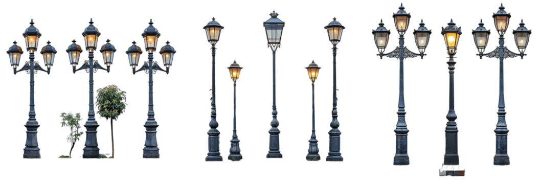 Realistic retro street lanterns set isolated on transparent background - Powered by Adobe