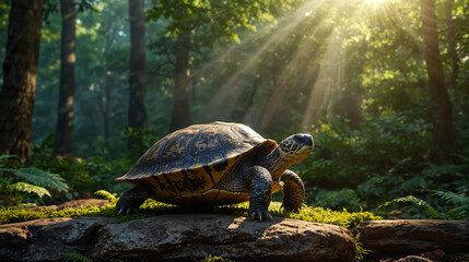 A Cute Forest Turtle Standing on a Rock in a Wild Forest.
