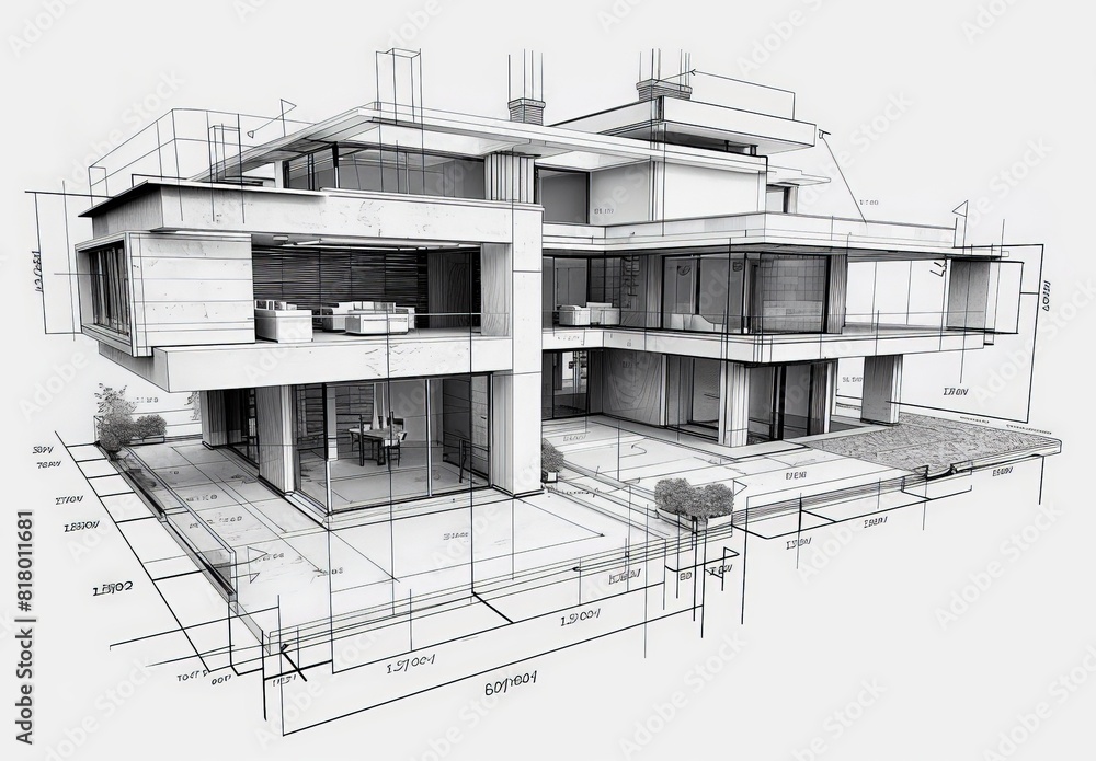 Poster Wireframe rendering of a contemporary house with technical details