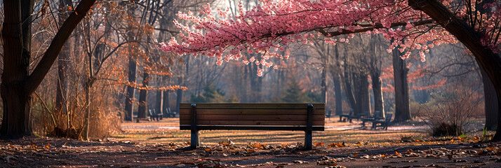 A Park Bench with Cherry Blossom Trees in the park,
A park with a bench and trees lit up at night
