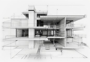 Wireframe rendering of a contemporary house with technical details
