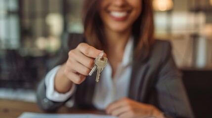 Woman realtor offering the keys of a new house to the client