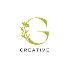 letters G with flowers leaves. Vector illustration for wedding, greeting cards, invitations, beauty icon template design