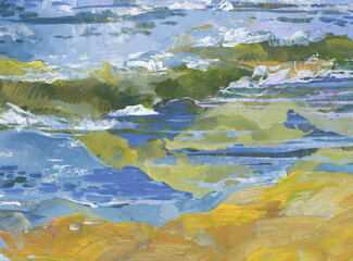 Original  painting of mountains and sea. Yellow filds near seaside  Modern Impressionism