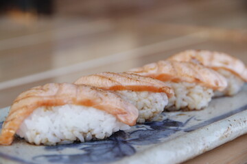 sushi with chopsticks Salmon steak: smoked salmon: salmon sushi