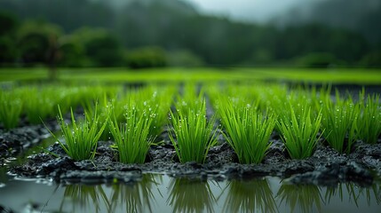 Obraz premium A rice paddy field with vibrant green shoots in standing water.