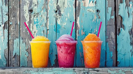 Naklejka premium Colorful slushies in plastic cups with matching straws on a rustic blue wooden background