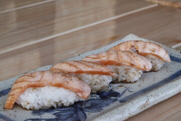 grilled chicken wings on the grill Salmon steak: smoked salmon: salmon sushi