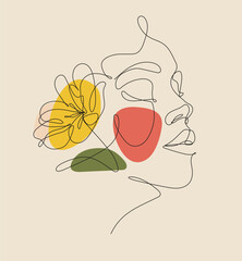 Line art woman face with flower, minimalist abstract art girl portrait. Delicate and romantic beauty store icon concept