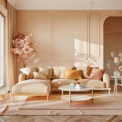 Beige Living Room with Modern Sofa and Decor for Chic Home Interior Design