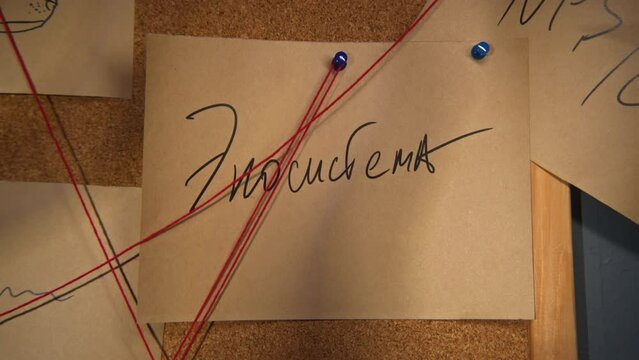 Close-up of note with red thread. Stock footage. Word for note with red thread. Mysterious word in rebus from notes on board with red thread