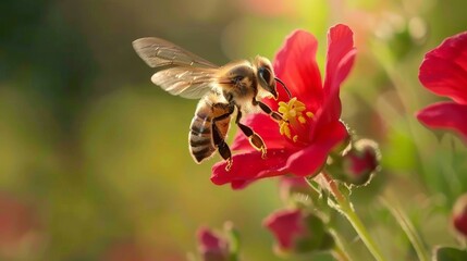 A bee pollinating a red flower