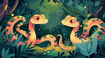 Two colorful cartoon snakes in a tropical forest setting. Vibrant jungle and wildlife illustration concept for children's book and wallpaper.  2025 year, Generative AI. 