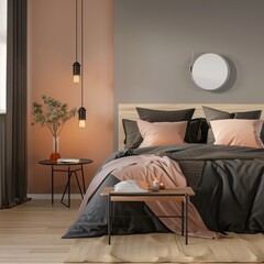 Elegant Bedroom with Coral Bedding, Modern Style, Perfect for Home Decor and Interior Design