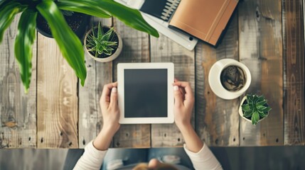 A person is holding a tablet in their hands. There is a cup of coffee, a plant, glasses, a pencil, and a notebook on the wooden table.

 - Powered by Adobe