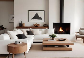 3D A modern living room with white sofa, home desk, dry flowers in a vase, ceramics, fireplace, industrial style