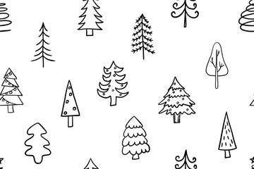 Seamless pattern of fir trees and Christmas tree in doodle style. Celebration, winter, christmas, new year, christmas decorations, xmas. Great for banner, poster,  professional design. Hand drawn