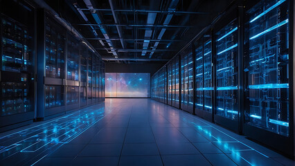 Fototapeta premium High-Tech Data Server Room With Blue LED Lighting