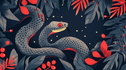 Stylized snake in a botanical setting with red berries and dark leaves. Nature and wildlife concept.  2025 year, Generative AI. 