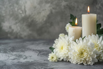 Tranquil condolence background featuring lit candles and white chrysanthemums on a grey textured backdrop symbolizing remembrance and sympathy