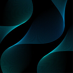 Abstract background with waves. Vector banner with lines. Background for music album, poster, card, advertisement. Geometric element for design isolated on black. Green and blue gradient. Night, dark