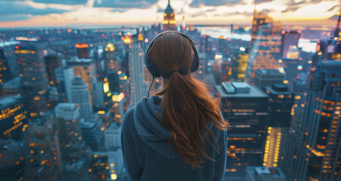 A young woman stands at the pinnacle of an urban skyscraper, adorned with headphones, surrounded by the bustling cityscape. Generative AI.