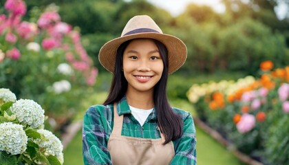 attractive woman gardener stands against the backdrop of a garden and looks straight into the camera, close up