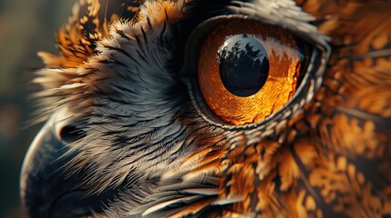 This is an up-close photograph of an owl's eye. The eye is a deep orange color with a black pupil. The owl's feathers are brown and beige.

