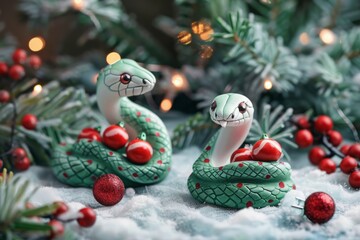 Whimsical green snakes with festive decorations on a snowy background. Playful digital illustration for the holiday season. Christmas and joy concept. Generative AI