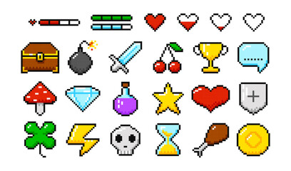 Set of minimalistic pixel game objects, magic elements for game interface set. Pixel art gaming items icons, 8-bit game resources.