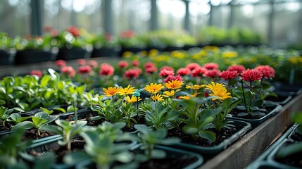 Fototapeta premium A greenhouse filled with a variety of young plants and flowers.