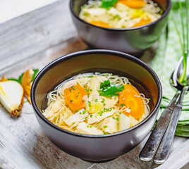 Hühnersuppe herstellung topf nudeln suppenschale gemüse 