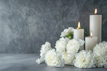 Tranquil condolence background with lit candles and delicate white flowers, symbolizing remembrance and peaceful farewells at funerals